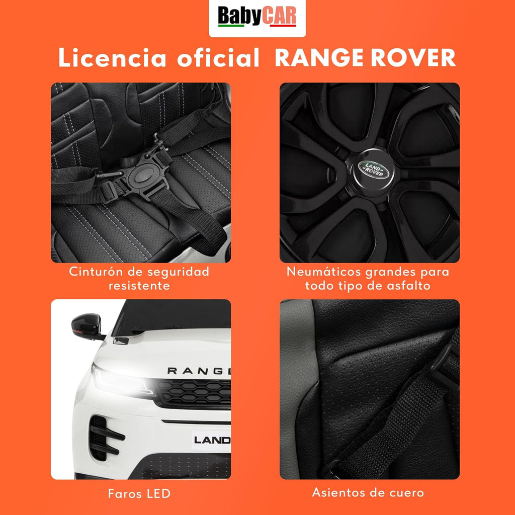 BabyCar Range Rover | Coche electrico para niños 12V con 2 Motores 35W | Coche Bateria con Mando Niño, Asiento de Piel, Puertas abatibles, MP4/USB | Licencia Oficial | Blanco