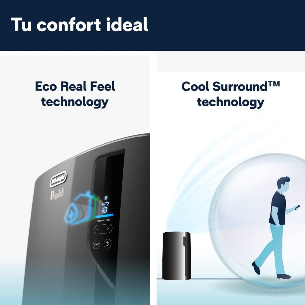 Pingüino PACEL112 Silent Aire Acondicionado Portátil Silencioso con Tecnología Eco Real Feel y Cool Surround, Función Deshumidificadora, 2.9 kW, 63 dB, Plástico, Negro, Clasa A, hasta 110m3