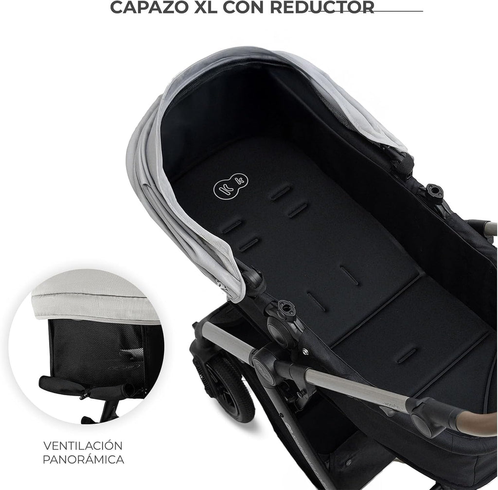 Kinderkraft MOOV XL 3 en 1, Carrito bebé hasta 27 kg, Carro, Con Asiento I-SIZE 40-75 cm, Plegable, Amortiguación, Convertible, Capazo XL, Con accesorios, Gris Claro