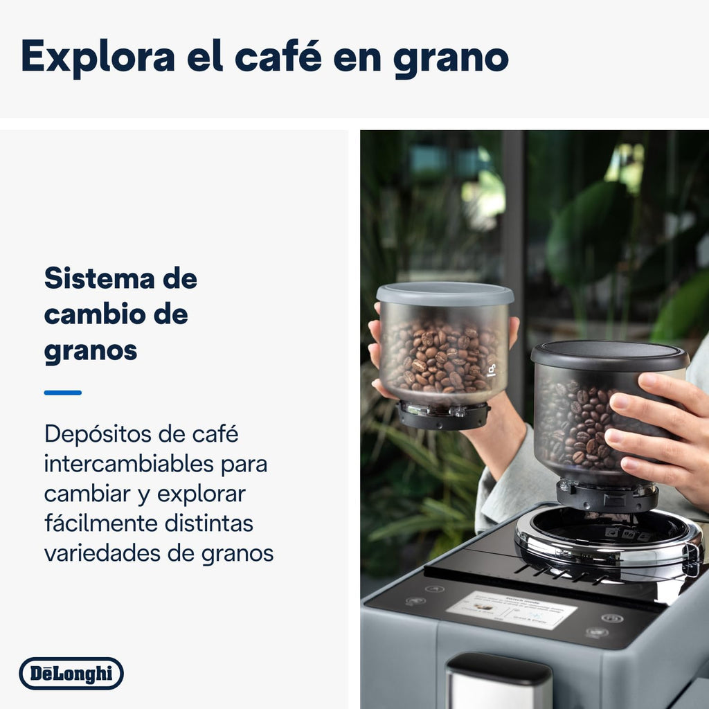 De'Longhi Rivelia EXAM440.55.G, Cafetera Superautomática con LatteCrema Hot, Espumador de Leche Automático, Tamaño Compacto, 16 Recetas, Pantalla Táctil a Color, Gris