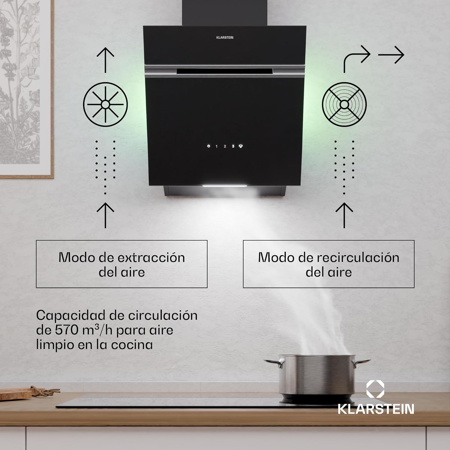 KLARSTEIN Alina Campana Extractora - 570 m³/h, Clase A, LED, 54 dB, Recirculación & Extracción, Campana Cocina Decorativa, Control Táctil, 39.8 cm Ancho, Negro