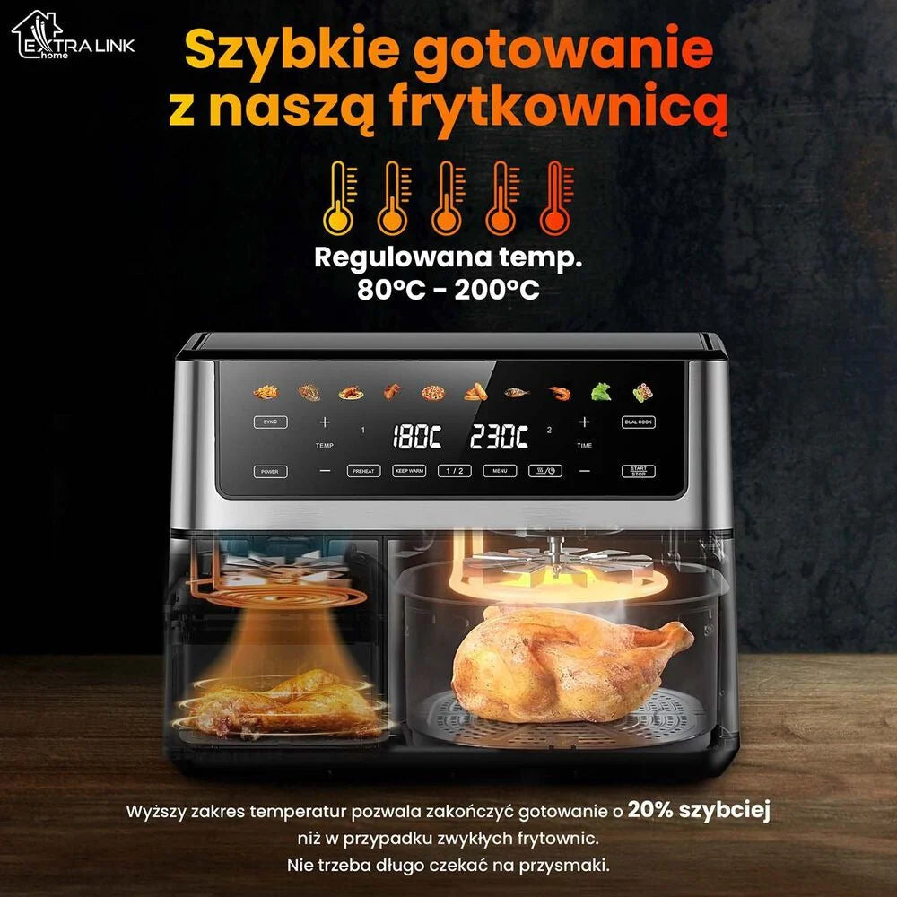 Frytkownica beztłuszczowa z okienkiem Extralink Dual Basket, 2 komory, 2500 W, 6,5 l i 3,5 l, srebrna
