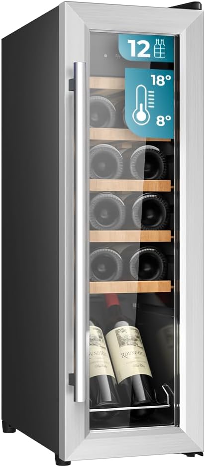 Cecotec Vinoteca Libre Instalación Bolero GrandSommelier 1250 CoolWood. Nevera para vinos con capacidad para 12 botellas, temperatura ajustable de 8-18ºC, LED y estantes de madera.