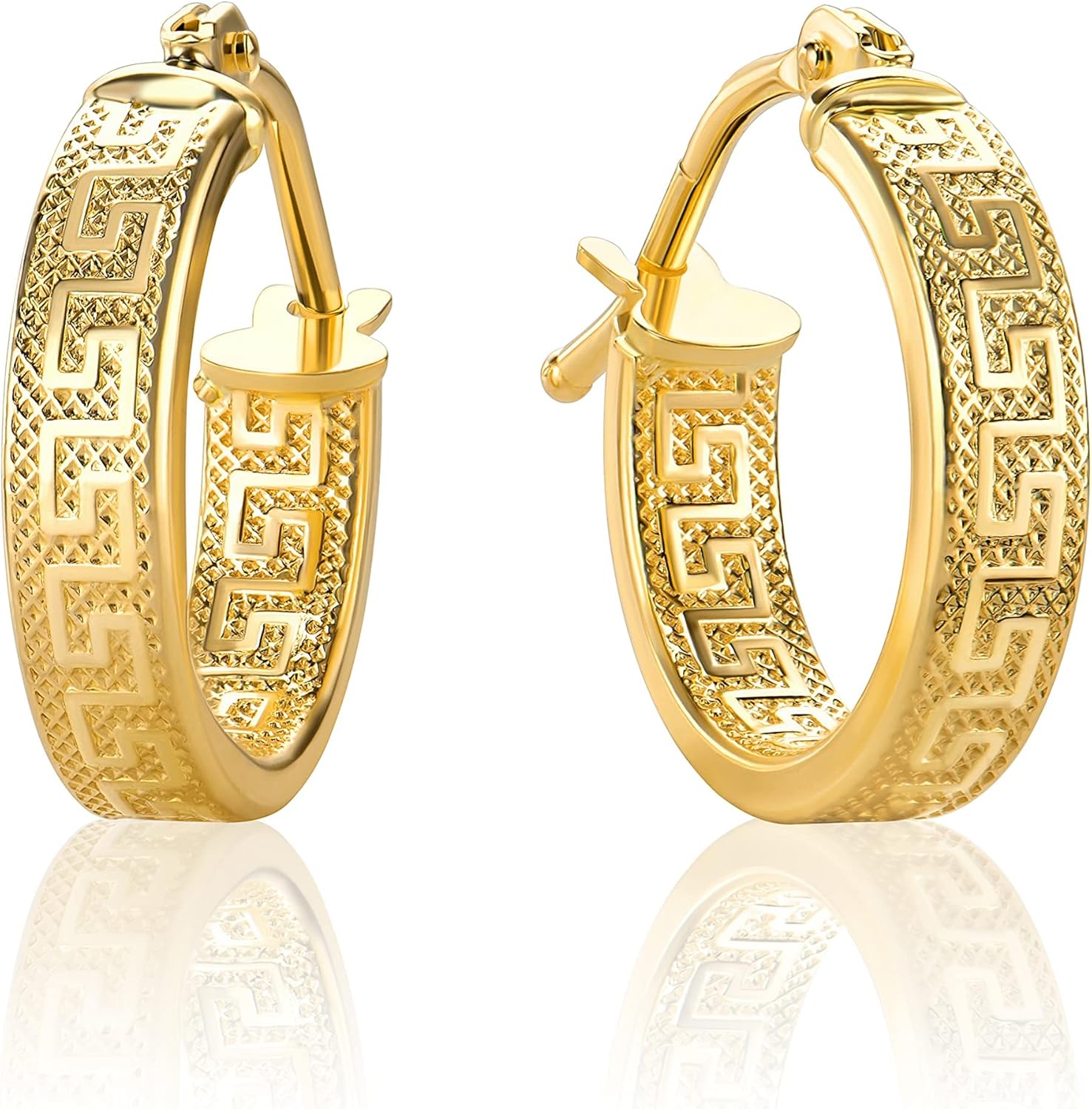 Pequeños pendientes de aro con llave griega de oro amarillo de 18 quilates/750 diamantados (2 x 14 mm Ø) - PRI37A