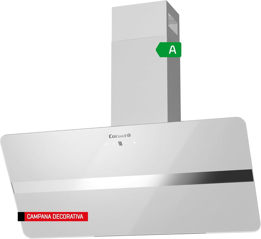 Corberó - Campana Extractora 90 cm | VICTORIA960W | 594,2 m3/h| 67db| 165W, |3 Velocidades, | Control Touch |Vidrio Templado | Filtro de Aluminio + Filtro Carbón | Cristal Blanco