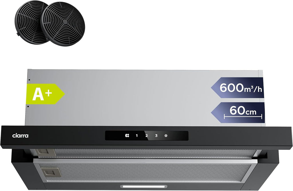 CIARRA CBCB6909A Campana Extractora Telescópica Negra Cocina 60 cm 600 m³ / h Clase A+ 3 Niveles Control Táctil Iluminación LED Filtro de Carbón CBCF055