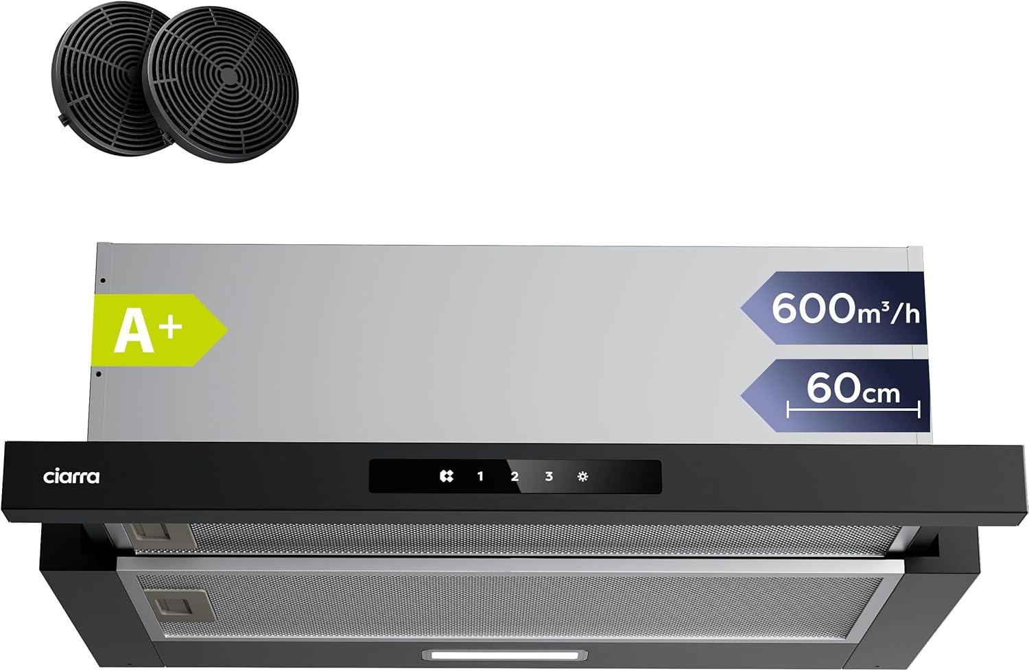 CIARRA CBCB6909A Campana Extractora Telescópica Negra Cocina 60 cm 600 m³ / h Clase A+ 3 Niveles Control Táctil Iluminación LED Filtro de Carbón CBCF055