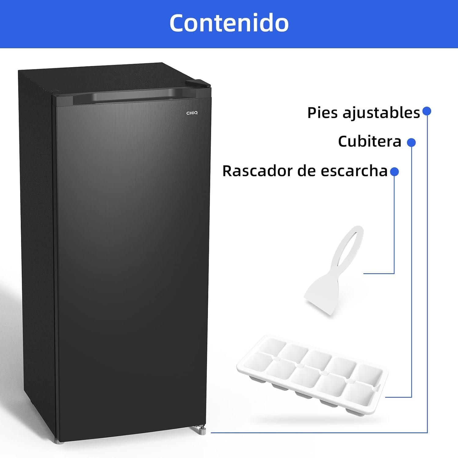 Congelador vertical independiente CHiQ, 145L de capacidad, congelación rápida, termostato ajustable, silencioso, puerta reversible, negro, clasificación energética E
