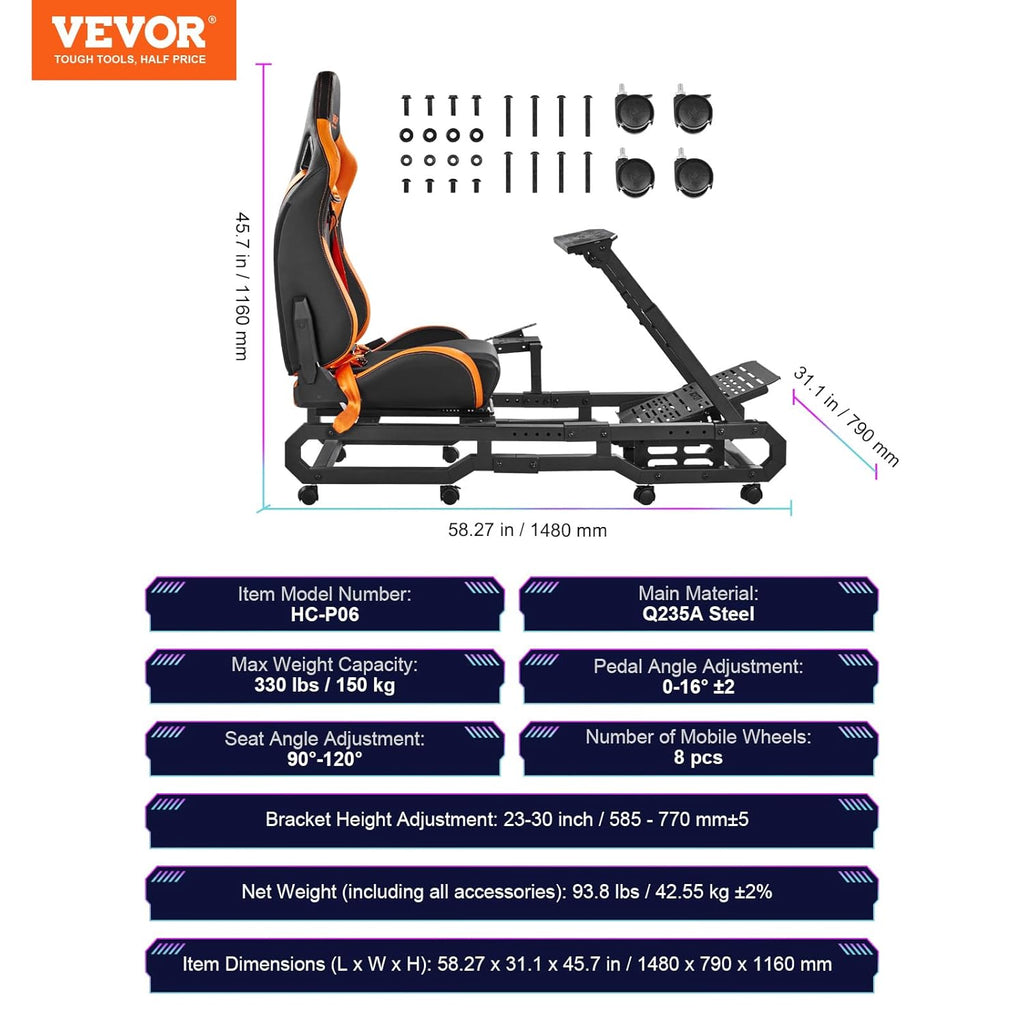 Soporte para Volante de Carreras VEVOR con Ruedas para Logitech G923/G920/G29, Cabina de simulador de conducción de Acero Resistente, Thrustmaster T248P, Soporte para Volante y Pedal Ajustables