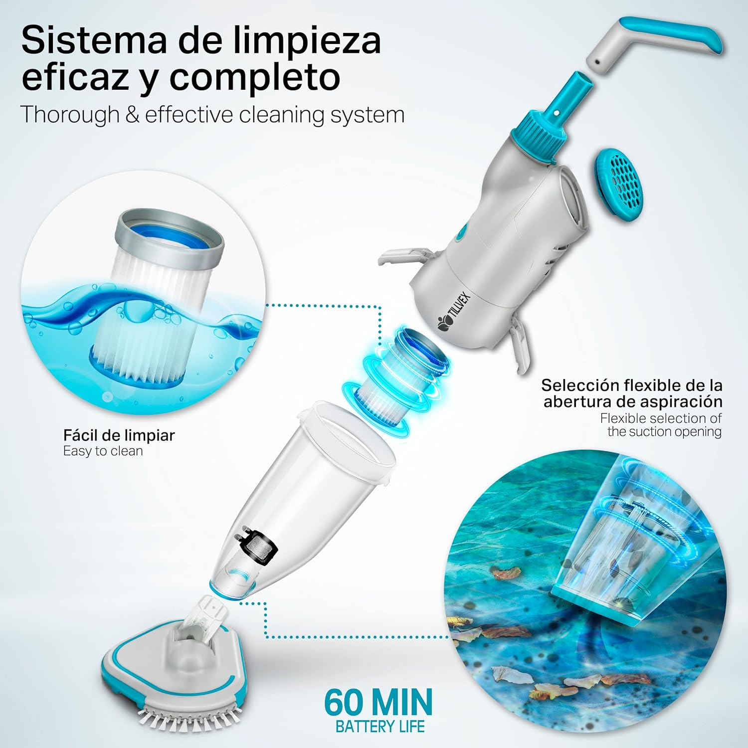 tillvex Limpiafondos Eléctrico de Piscina | Set Aspirador de Fondo Automático con Mango Telescópico | Aspiradora Inalámbrica de Limpieza con Filtro y 2 Velocidades