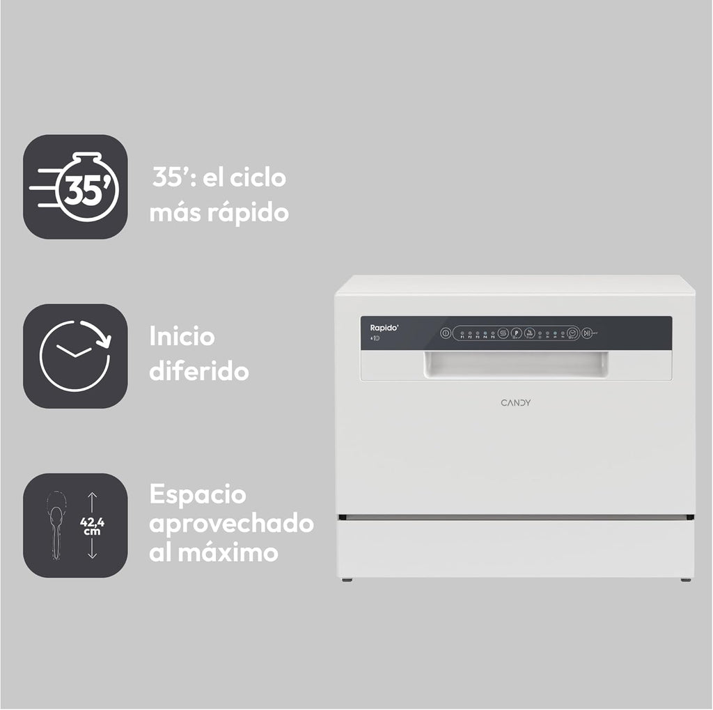 Candy CP 6E51LW Lavavajillas Pequeño y Compacto, 6 Servicios, Digital, 51DBA, 5 Ciclos, Media Carga, Inicio Diferido 3-6-9 horas, Indicador Sal y Abrillantador, Indicador Fin de Ciclo, Blanco