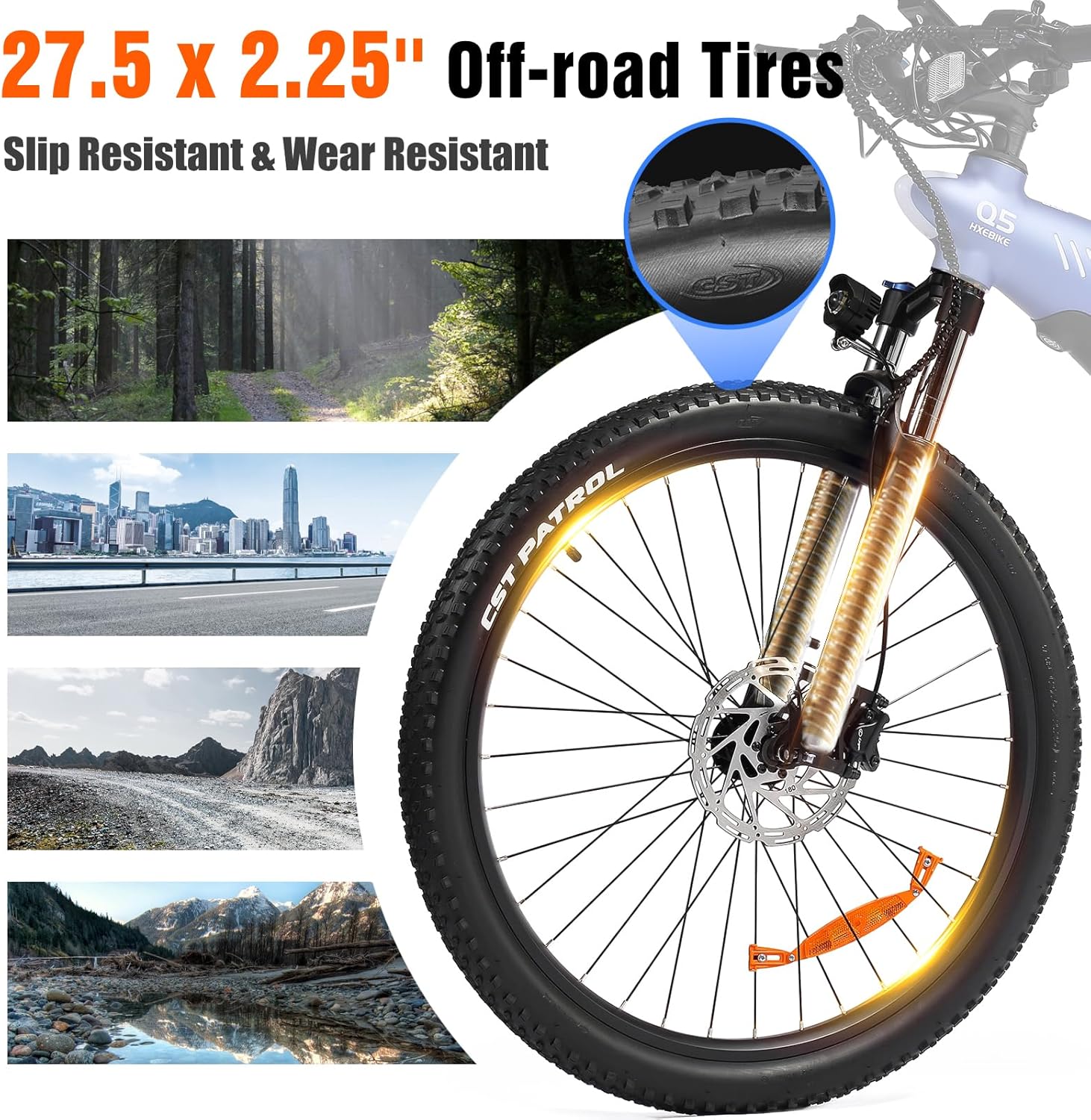 HX Q5 Bicicleta Eléctrica Montaña para Adultos con Carga rápida 48V 20AH Batería Extraíble,27.5"x2.25" Tyre EBike con luz RGB,SHIMAN0 7 velocidades,Frenos de DIS hidráulicos y Alcance 90-120KM