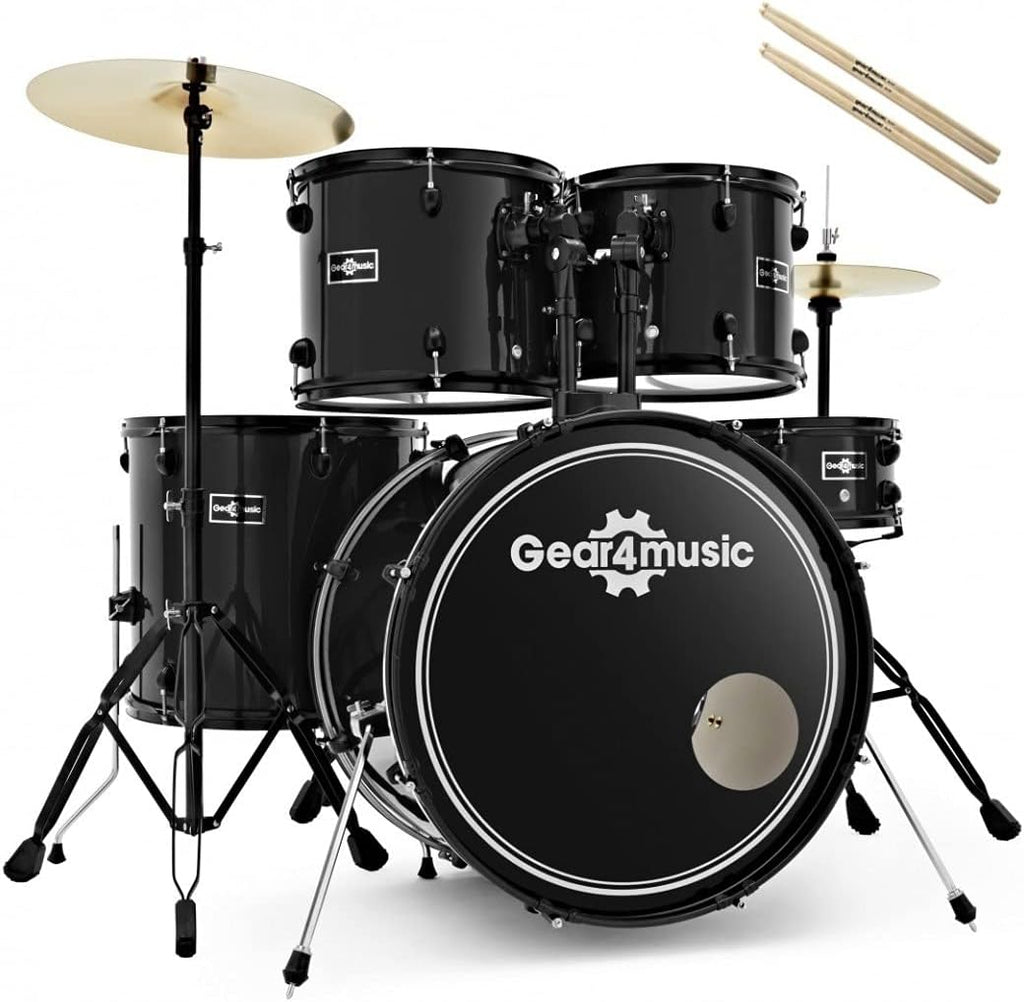 Gear4music BDK-1 Kit de Batería Compacta Completa para Principiantes - Batería Acústica de 5 Piezas, Platillos, Pedal de Bombo, Sillín y Baquetas - Negro