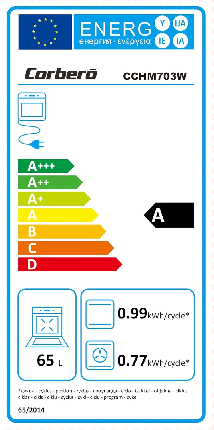 Corbero - Horno Multifunción Hidrolítico 65L | CCHM703W | Limpieza Hidrólisis | 8 Programas | (L)59.5 x (A)59.5x57.5 (H) cm | Luz Interior | Puerta Doble Cristal | 3000W Potencia | Blanco perfil inox