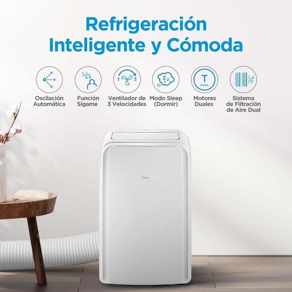 MIDEA Pingüino Aire Acondicionado Portátil 3 en 1 | 3000 Frigorías / 12000 BTU | Air conditioner Silencioso 43m2 - Deshumidificador Ventilador Climatizador 3500 W - 4 modalidades con kit de ventana