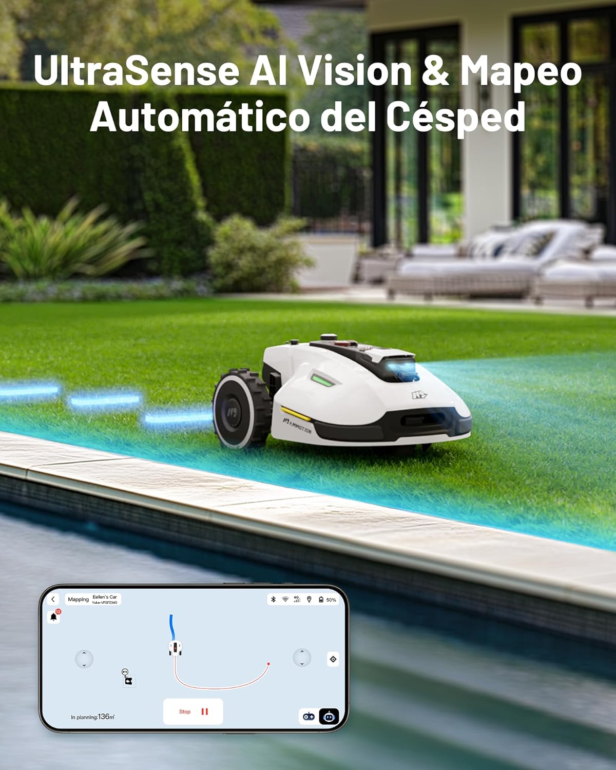 MAMMOTION YUKA 3000 Robot Cortacésped sin Cable Perimetral, NetRTK+Vision, sin Antena RTK, Mapeo Automático, Máx. 4000 m², Rec. 3000 m², con módulo 4G, Pendiente del 50%