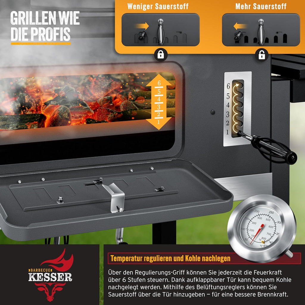 KESSER® Parilla de Carbón con Carrito Grill con Tapa, Ruedas, Mango de Acero Inoxidable | Barbacoa y Termómetro Carbón Grande BBQ Asador Camping, Terraza, Jardín XXL Gris