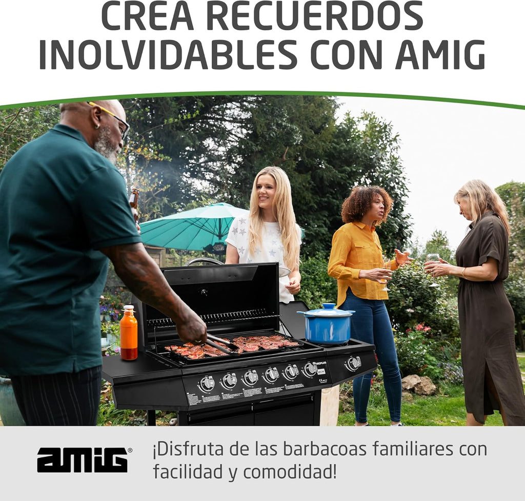 Amig - Barbacoa de gas Fireplus 6+1 de 12,9 kW - Acero inoxidable Negro - Parrilla con ruedas Modelo GRILL-6F - Barbacoa XXL con carro y termómetro - 138x52x103 cm - 7 quemadores y Bandeja lateral