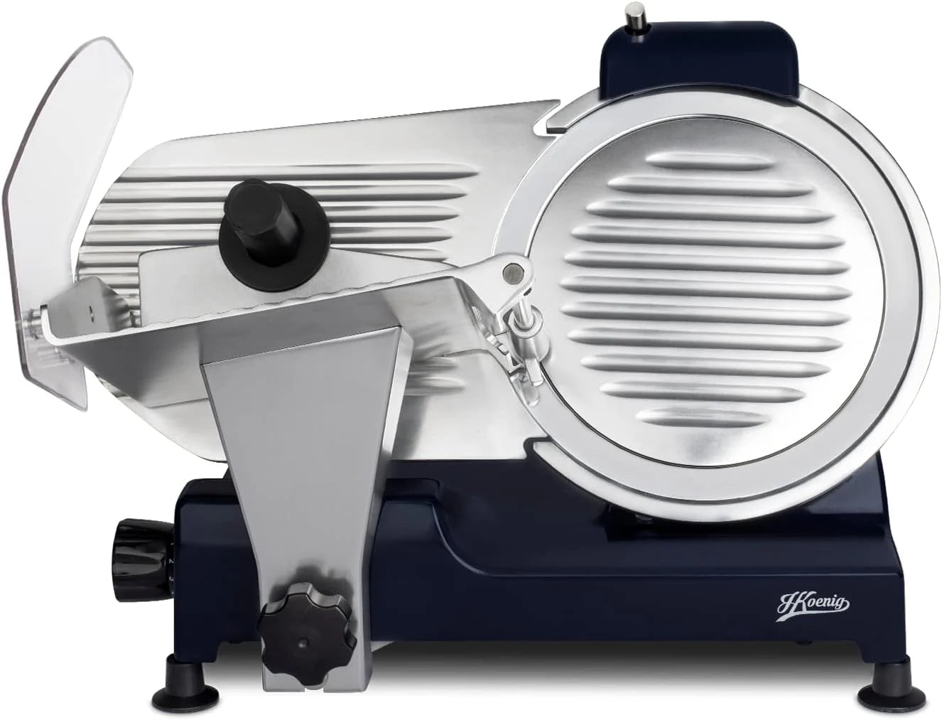 H.Koenig MSX250 Professional Precision Electric Meat Slicer 0-12 mm Cutting Thickness 25 cm Italian Blade Integrated Sharpener Wide Tray 282 RPM Silver