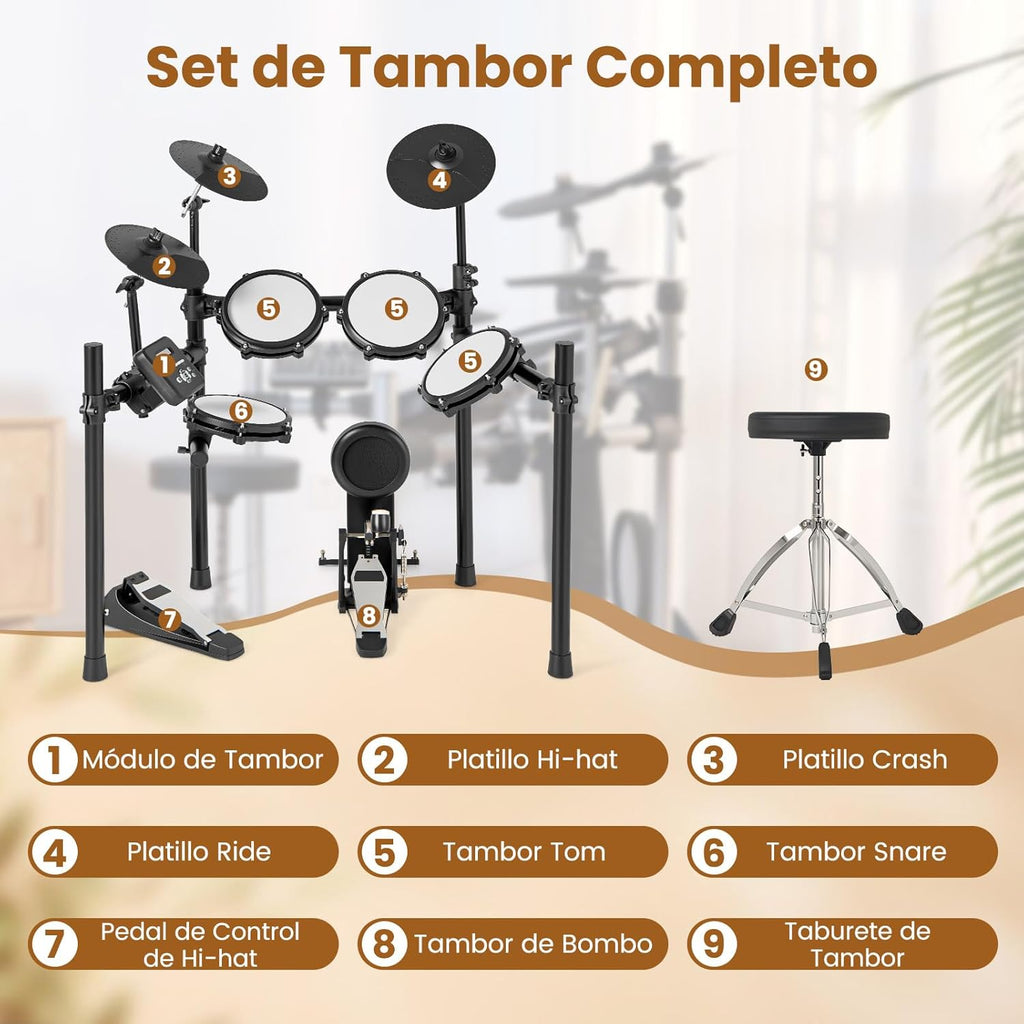 COSTWAY Batería Eléctrica, Kit de Batería Plegable con Pads de Malla Silenciosos, Platillo, 225 Sonidos y 30 Demos, Metrónomo y USB Midi, Bombo, 2 Baquetas, Taburete Ajustable, para Adultos y Niños
