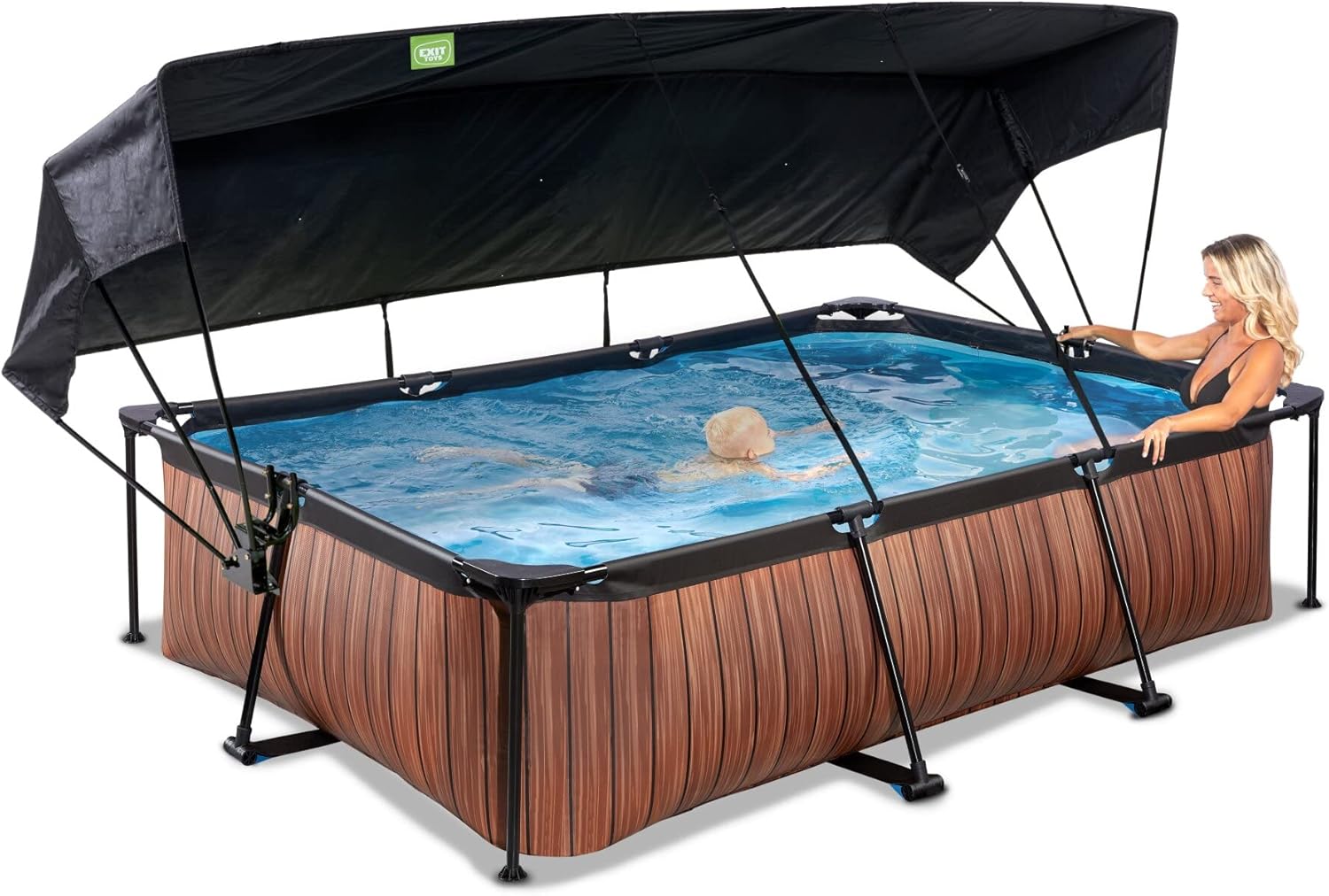EXIT Toys Wood Pool con Toldo Solar - 300x200x65cm - Piscina de Marco Rectangular Compacta con Bomba de Filtro de Cartucho - Protección UV Óptima - Fácil Acceso - Diseño Único - Marrón