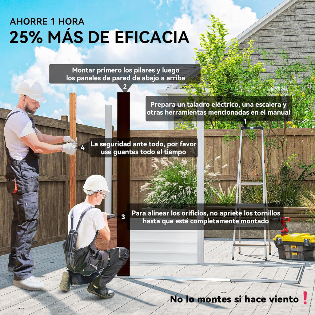 Outsunny Caseta de Jardín Exterior 3 m² 235,7x152x208,7 cm Cobertizo de Jardín Exterior Metálica con 2 Puertas Corredizas y 4 Ventanas para Almacenamiento de Herramientas Efecto Madera Natural y Café