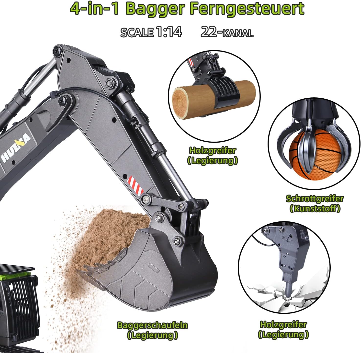 1:14 Excavadora Juguete Grande, 22 Canales Escavadoras Juguetes con todas las funciones, Excavadora Teledirigido RC +2 Baterías+3 Accesorios, Juguetes RC Pala, Gruas de Juguetes Niño 4 6 8 10 14+ Años