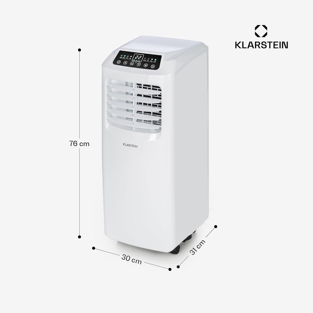 Klarstein Aire Acondicionado Portatil y Silencioso, 4 en 1 Enfriador de Aire para Casas y Oficinas con Modo Noche, Con Mando y Deshumidificador, Aires Acondicionados Bajo Consumo 7,000 BTU Blanco