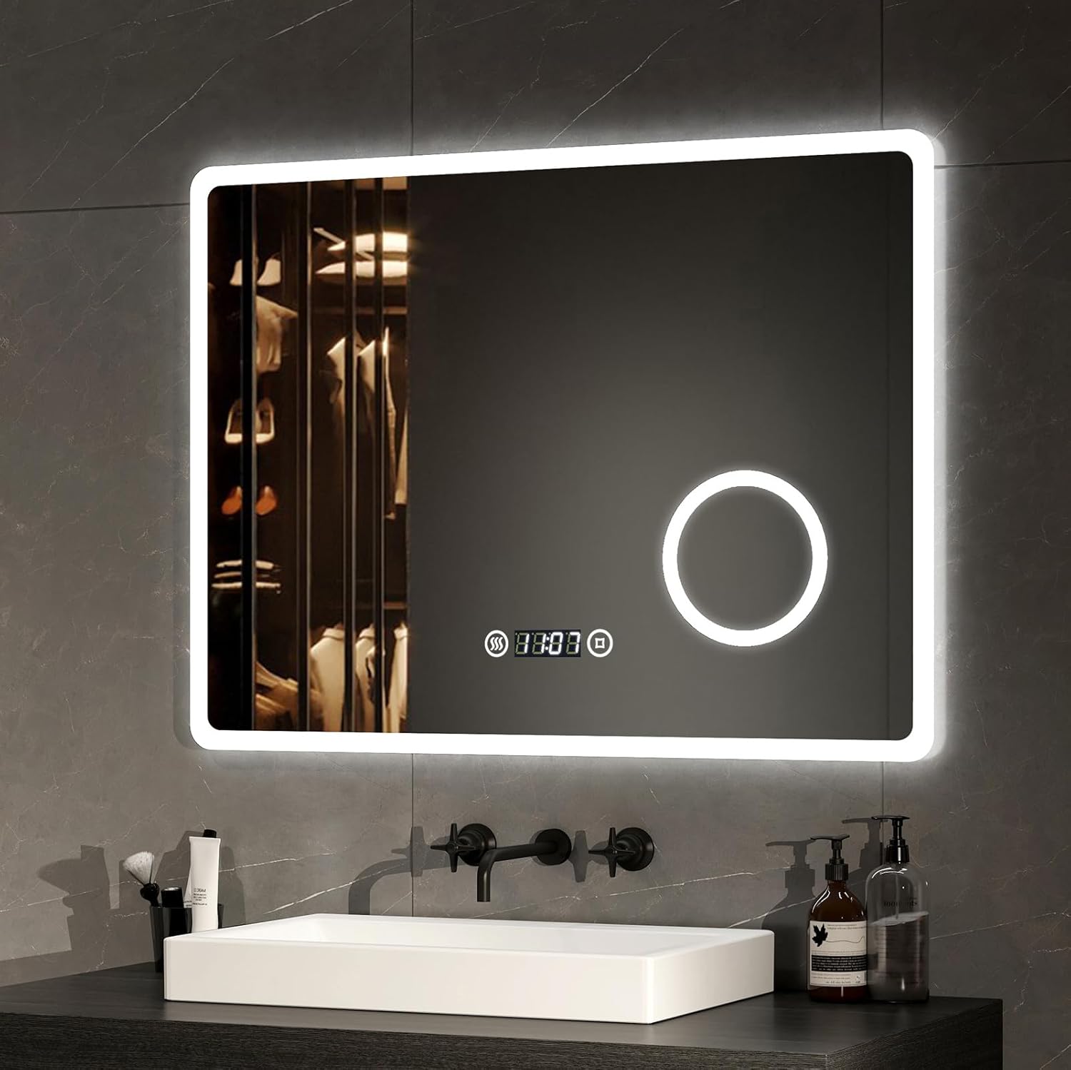 EMKE Espejo LED de Baño 90 x 70 cm, con Interruptor Táctil, Antivaho, Lupa 3X, Reloj, 6500K