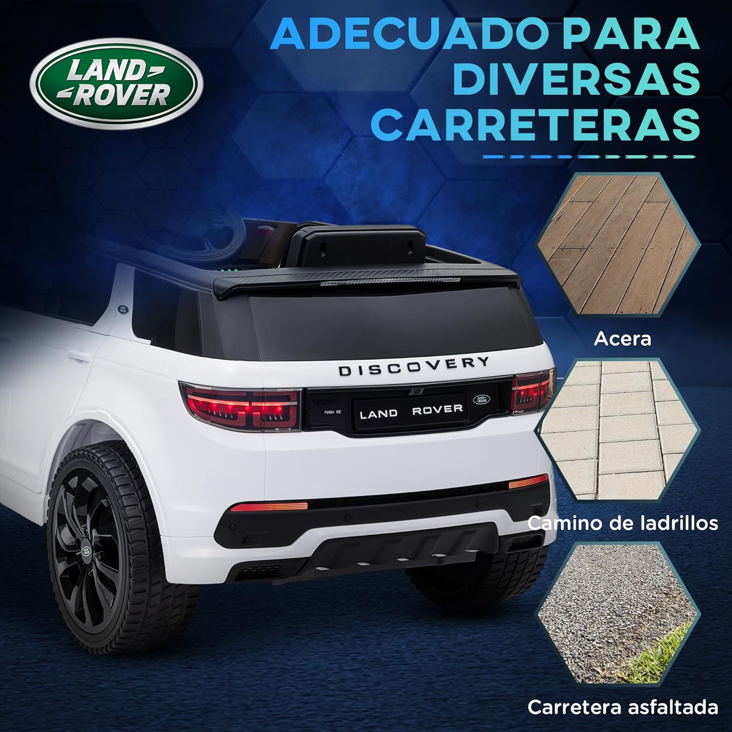 AIYAPLAY Coche Eléctrico para Niños de +3 Años con Licencia Land Rover Discovery Sport Carro Eléctrico Infantil con Batería 12V Mando a Distancia Arranque Lento Faros Bocina y Música Blanco