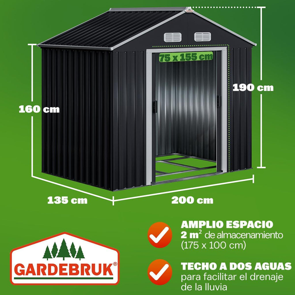 GARDEBRUK® Cobertizo de Jardín 2 m² 196x132x188cm Caseta Metálica Exterior 4m³ con Base Puerta Corrediza Antracita