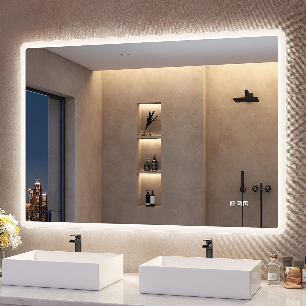 S'bagno Espejo-Baño-con-Luz 100x70cm, Espejo-Baño-Led-Bluetooth, Antivaho, 3 Colores, Regulable, Memoria, Vidrio Templado HD, Resistente Al Agua IP44, Vertical/Horizontal