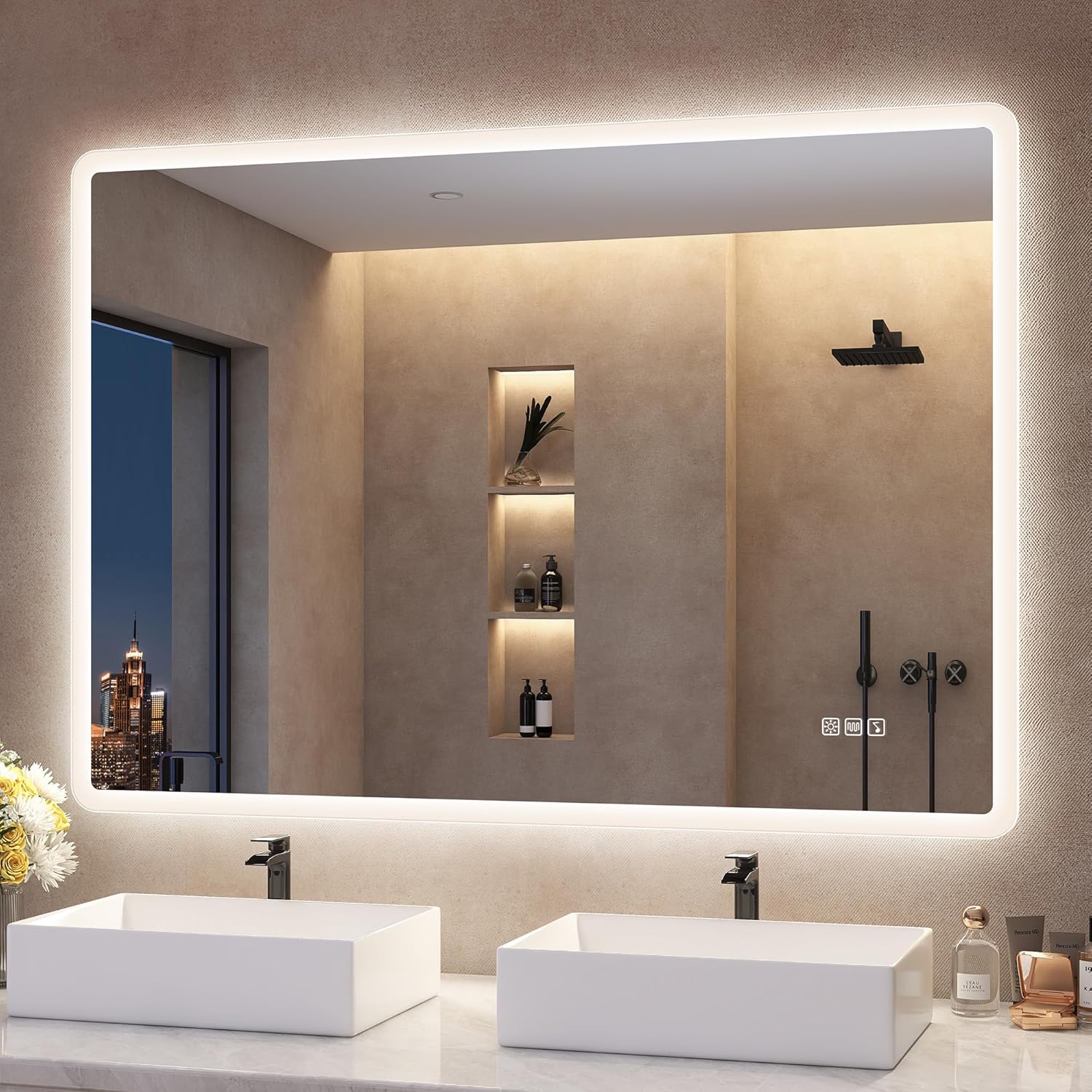 S'bagno Espejo-Baño-con-Luz 100x70cm, Espejo-Baño-Led-Bluetooth, Antivaho, 3 Colores, Regulable, Memoria, Vidrio Templado HD, Resistente Al Agua IP44, Vertical/Horizontal