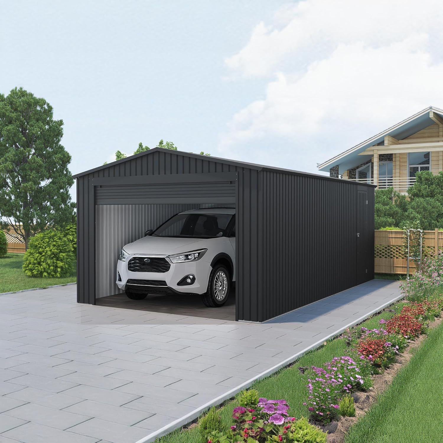 Wasabi - Garaje Metálico 19,52m2 Jarama – Portón Amplio Enrollable - Resguardo Exterior Coche - Cierre Seguridad Llave - Puerta Lateral Peatonal - Cochera Cobertizo Jardín Almacenaje – 576x338x243cm