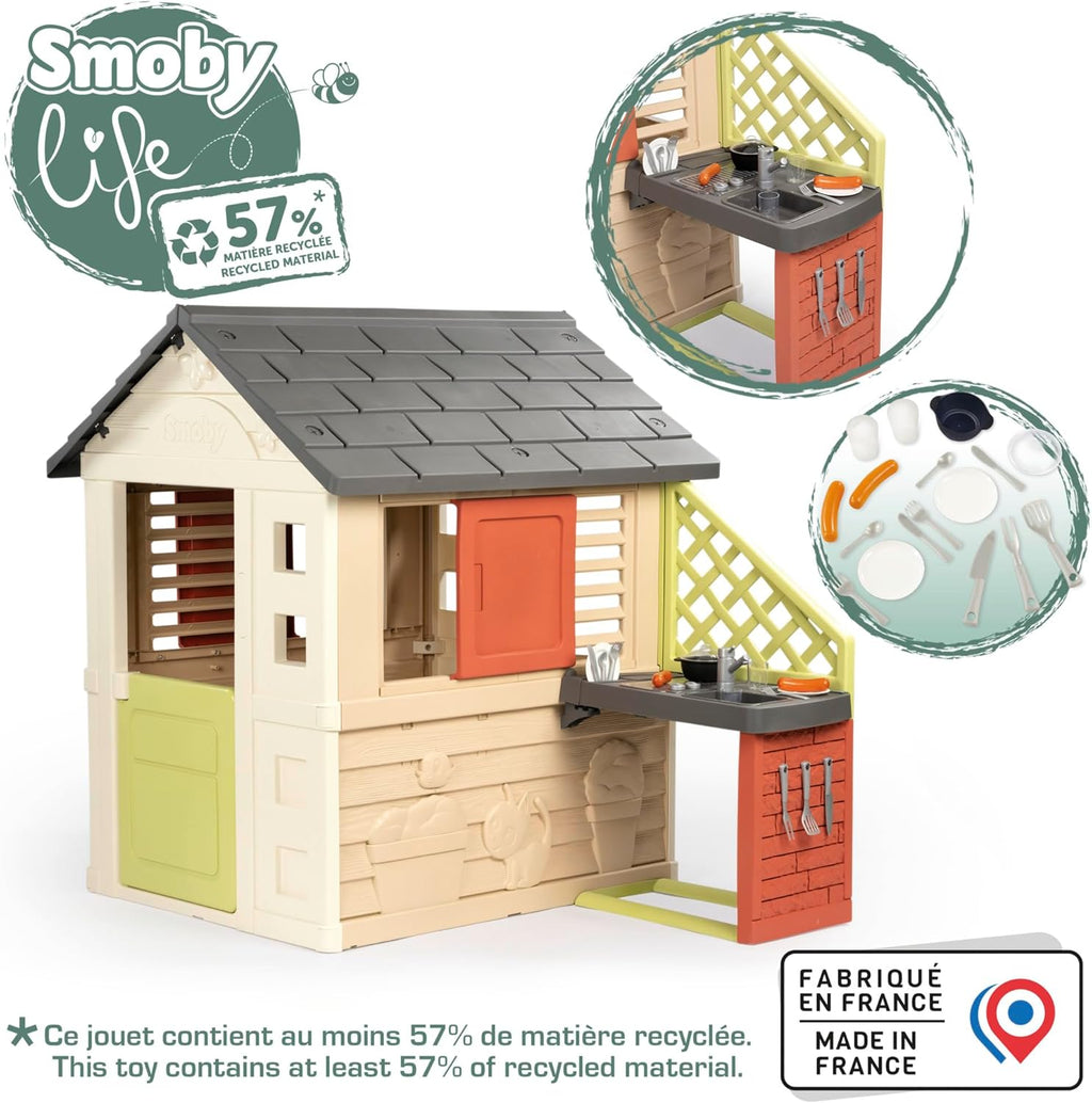 Smoby Life Casa Nature con Cocina de Juguete - Casita Infantil Interior y Exterior - Material Reciclado UV Resistente - A Partir 2 años - Cocina y Accesorios Incluidos - (7600810739)