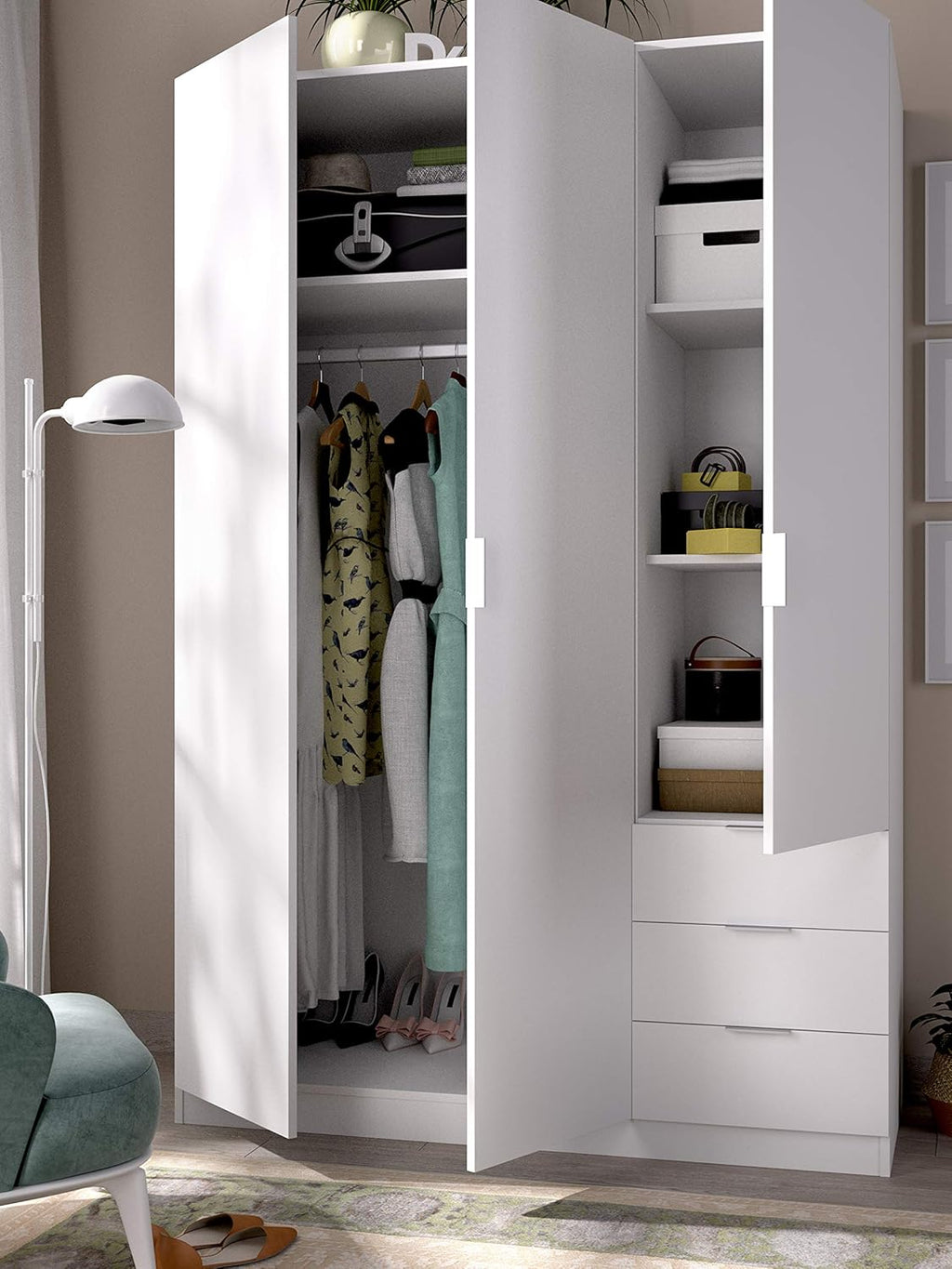 DEKIT GRUPO RIMOBEL Armario Ropero 3 Puertas Y 3 Cajones - Blanco - 121X184X52 Cm