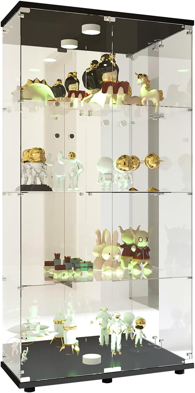 Vitrina Cristal Expositora con Luz, Puerta Cerradura, 4 estantes - Grande Vitrina de Colecciones,Vitrina de pie para Sala Oficina(Espalda Espejo)