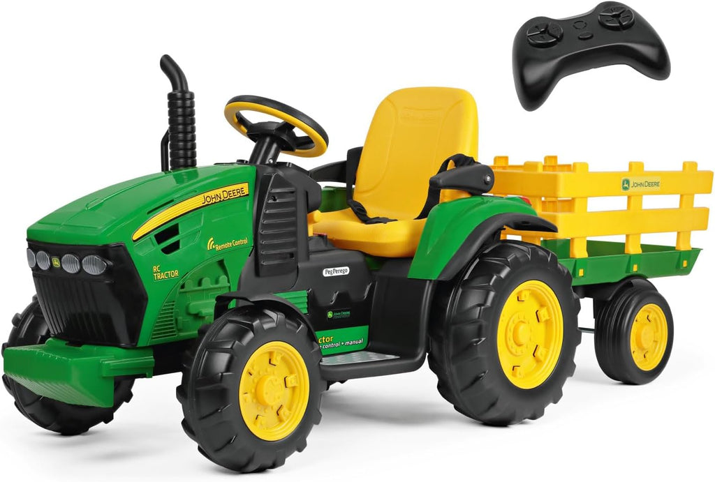 Peg Perego John Deere RC Tractor - Tractor eléctrico corredizo y teledirigido para niños, 12 V, con remolque, mando a distancia, 2 ruedas motrices, radio FM, 1 año