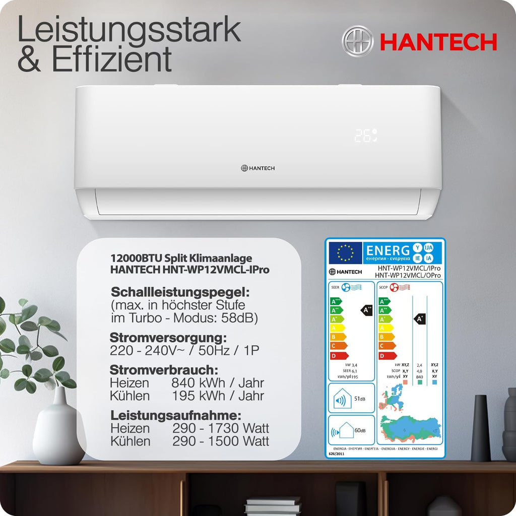 HANTECH Split aire acondicionado 12000 BTU H-PRO función de calefacción y refrigeración, filtro de aire, WIFI, material de montaje