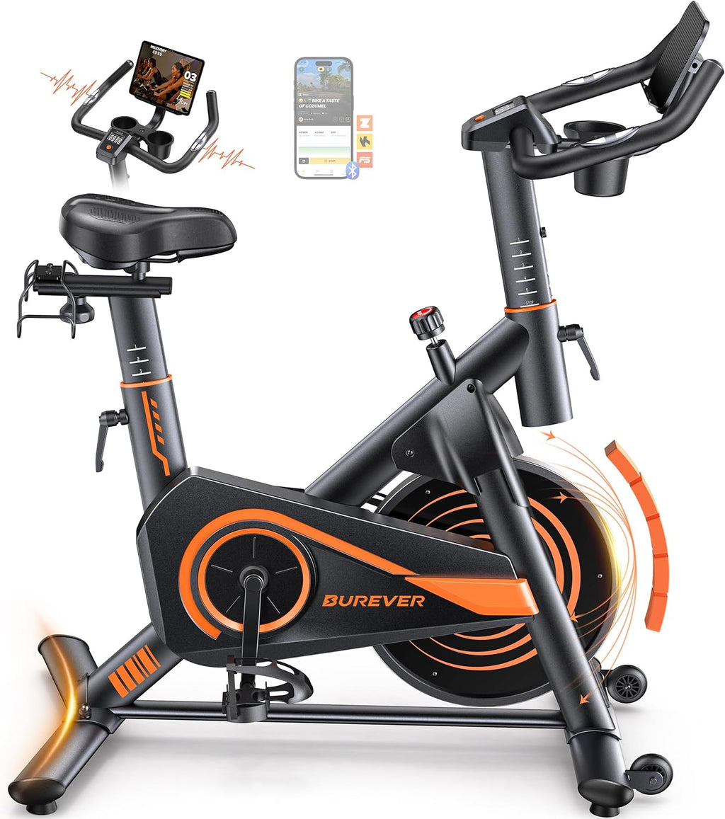 Bicicleta Eestática para Casa con APP, Bicicleta estatica Silenciosa con Resistencia Magnética 0-100%, Pantalla LED, Soporte para Mancuernas y Portavasos, Estructura Estable, MAX 160KG