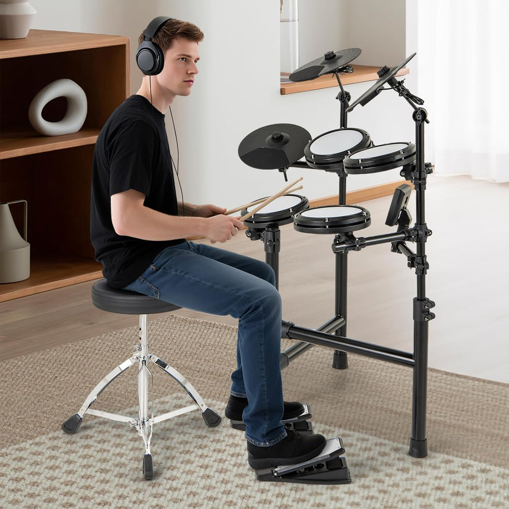 GOPLUS Batería Electrónica Completa Plegable con 150 Sonidos, Pads de Malla, Platillos de Silicona, 10 Canciones, 9 Tipos de Metrónomo, USB Midi, 2 Pedales, 2 Baquetas, Asiento Ajustable
