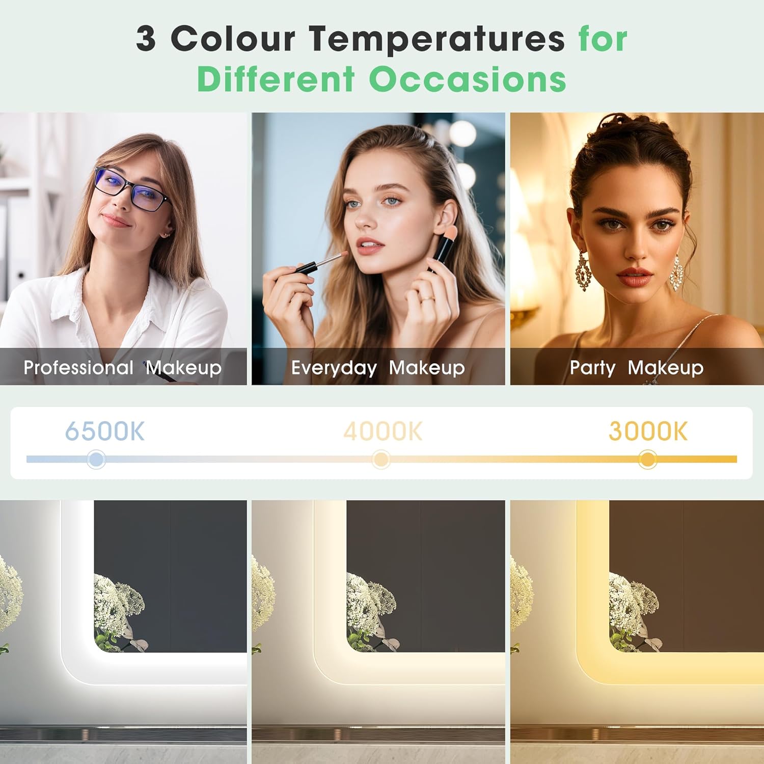 S'bagno Espejo-Baño-con-Luz 100x70cm, Espejo-Baño-Led-Bluetooth, Antivaho, 3 Colores, Regulable, Memoria, Vidrio Templado HD, Resistente Al Agua IP44, Vertical/Horizontal