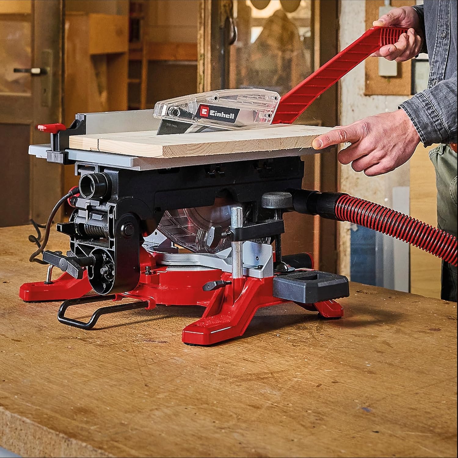 Einhell Sierra ingletadora y tronzadora y mesa TE-MS 216 T (1500W, hoja de sierra de Ø216mm, ancho de corte 120mm, profundidad 55mm, incl. láser de línea de corte, func. de sierra circular de mesa)