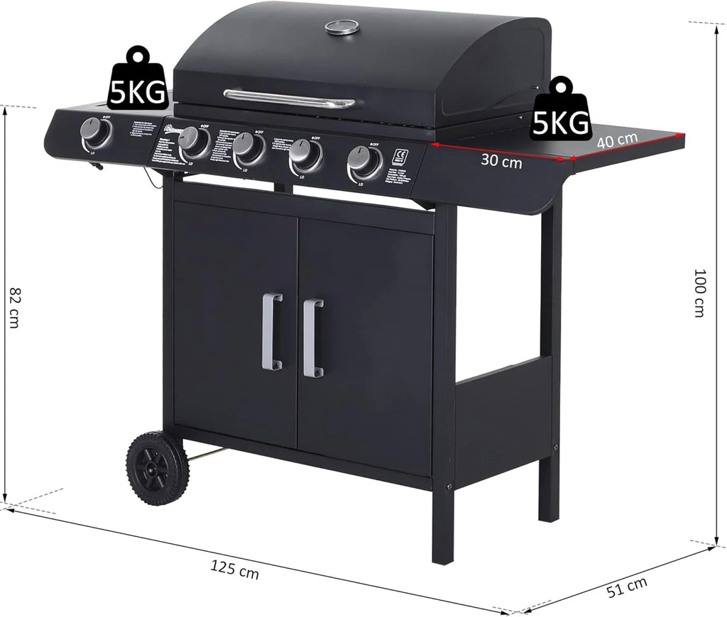 Outsunny Gas Barbecue with 4+1 Burners 14.4 KW Side Tables Storage Cabinet Thermometer and 2 Wheels Stainless Steel BBQ 125 x 51 x 100 cm Black