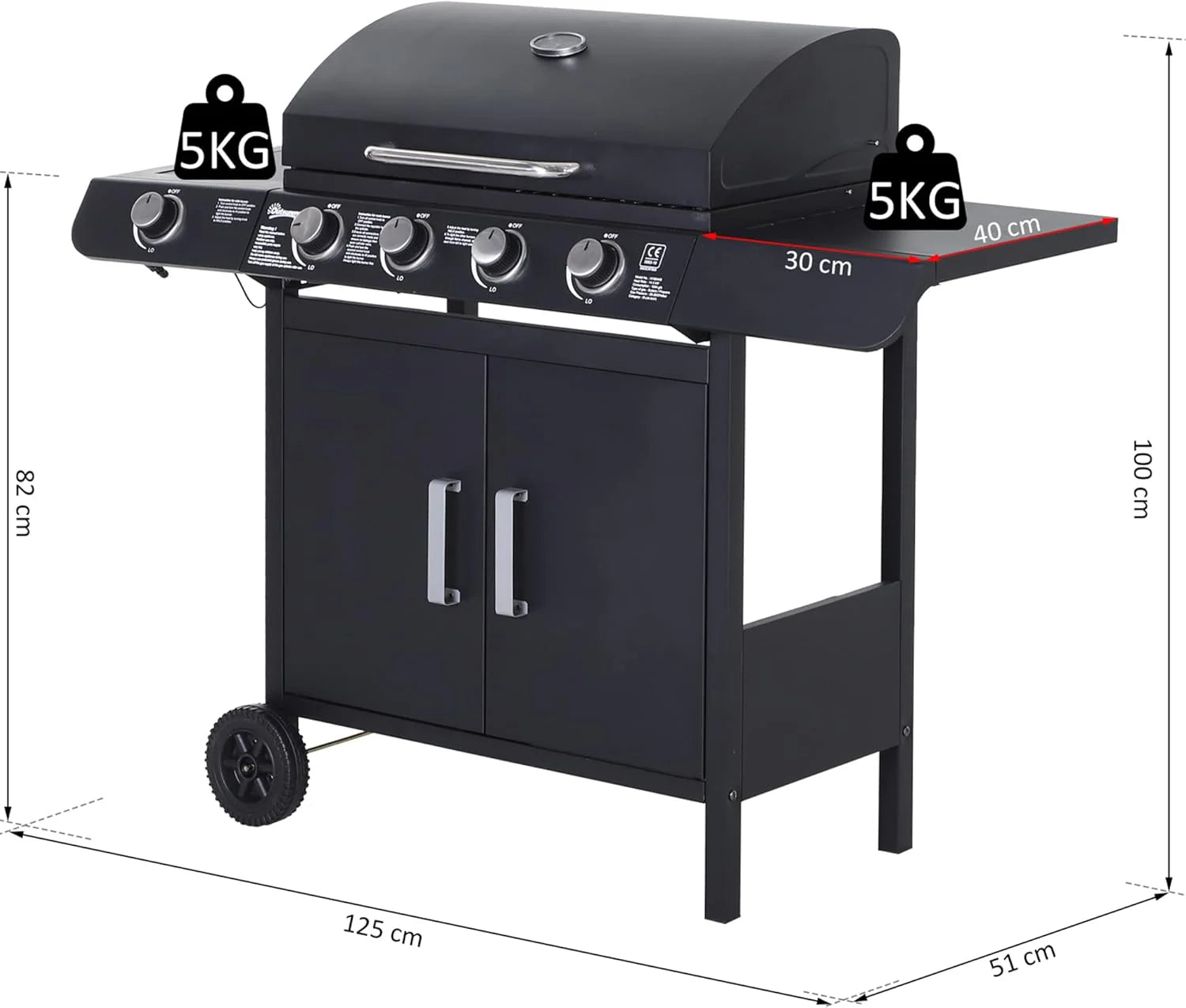 Outsunny Gas Barbecue with 4+1 Burners 14.4 KW Side Tables Storage Cabinet Thermometer and 2 Wheels Stainless Steel BBQ 125 x 51 x 100 cm Black