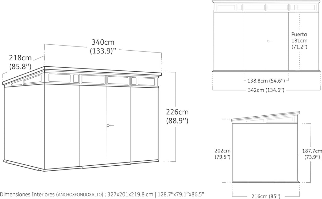 Keter Artisan Cobertizo de jardín de 11 x 7 cm, resistente a la intemperie, con suelo, techo inclinado, puertas dobles y ventanas, ideal para almacenamiento al aire libre, 342 x 218 x 226 cm, 13,7 m³,