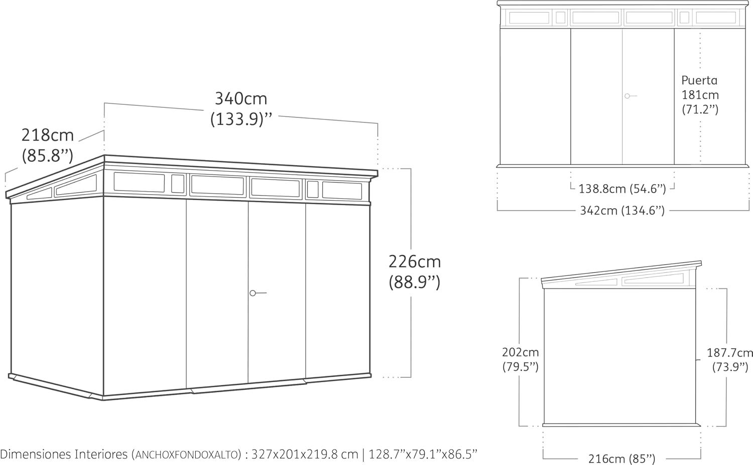 Keter Artisan Cobertizo de jardín de 11 x 7 cm, resistente a la intemperie, con suelo, techo inclinado, puertas dobles y ventanas, ideal para almacenamiento al aire libre, 342 x 218 x 226 cm, 13,7 m³,