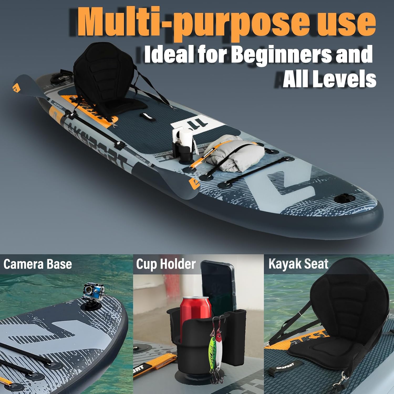 AKSPORT Tabla hinchable de surf de remo, tabla de surf hinchable con todos los accesorios, diseño ancho y estable, tabla antideslizante, tabla de remo para jóvenes y adultos