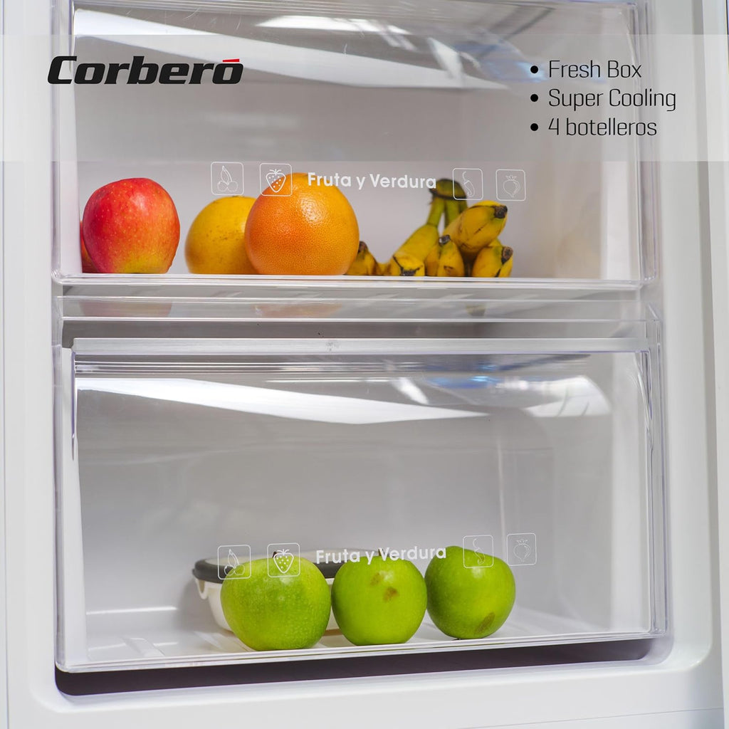 Corberó - Frigorífico 1 Puerta | CCLH18524NFW | 65x59,5x185 | Capacidad 359L | No Frost | Display en Puerta | Luz LED | 2 Crisper XXL | Fresh Box | 4 Botelleros | Tirador Easy Open | 40 Db | Inox