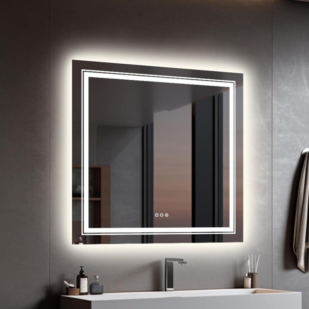 LUVODI Espejo Bano Led Cuadrado: 80x80 Espejos Baño Pared Antivaho Retroiluminado 80x80cm con Doble Fuente de Luz Led Interruptor Tactil Inteligente sin Marco para Maquillaje Cuardo de Baño Lavavo
